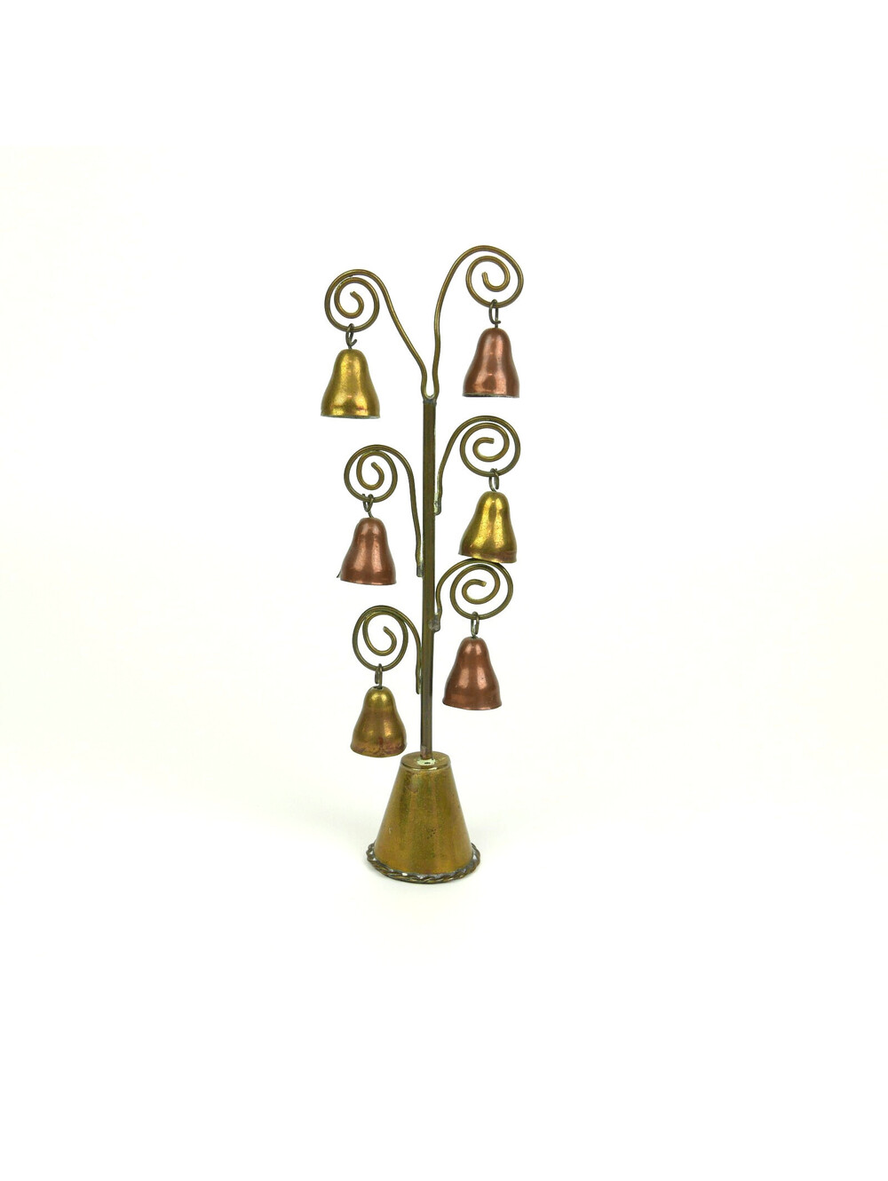 Vintage Brass Bell Tree 6 Hanging Bells Mixed Metal Copper & Gold Tone Figure 5"